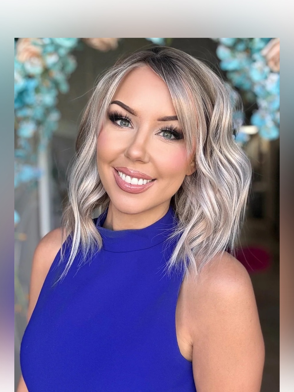 Tori Blushing Blonde Wavy Bob Wig with Subtle Roots blushing pink color